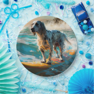 English Setter Beach Surfgrafik Pappteller