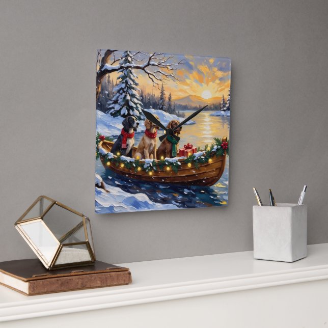 English Setter Christmas Boat Holiday Quadratische Wanduhr (Büro)