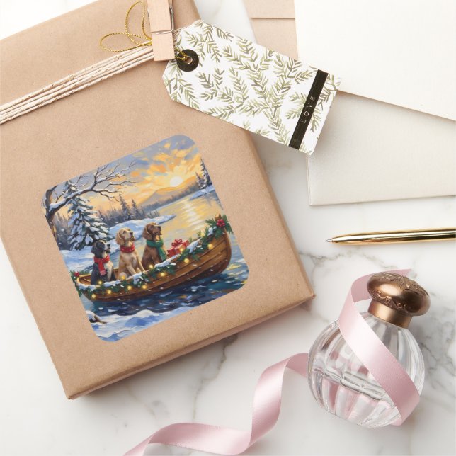 English Setter Christmas Boat Holiday Quadratischer Aufkleber (Schenken)