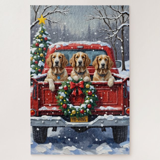 English Setter Christmas Red Truck Holiday Puzzle (Vertikal)