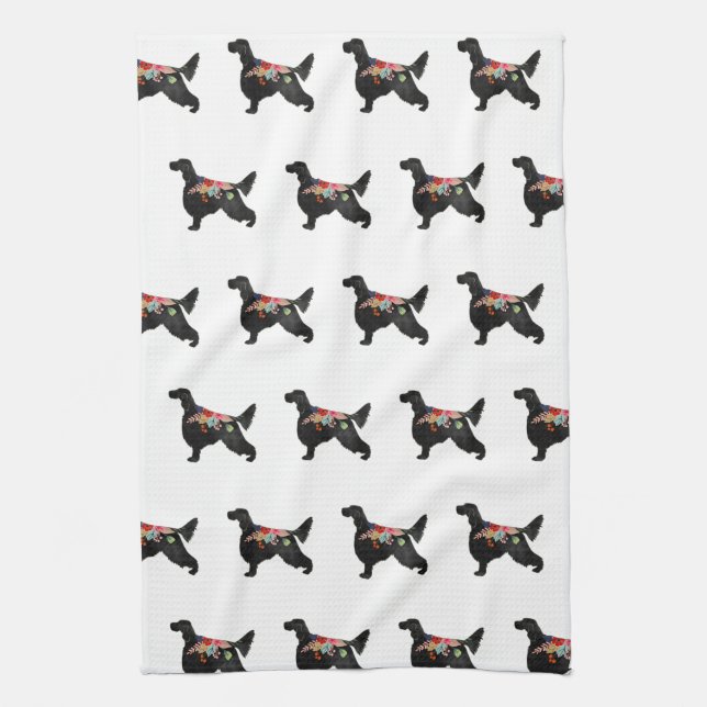 English Setter Dog Breed Bohemisch Floral Silhouet Geschirrtuch (Vertikal)