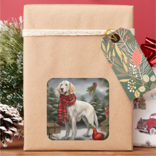 English Setter Dog in Schnee Weihnachten Quadratischer Aufkleber
