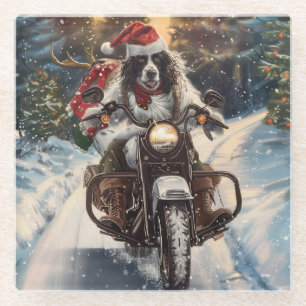 English Setter Dog Riding Motorrad Weihnachten Glasuntersetzer