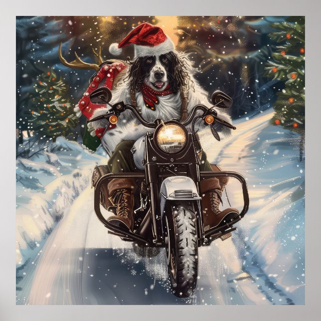 English Setter Dog Riding Motorrad Weihnachten Poster (Vorne)