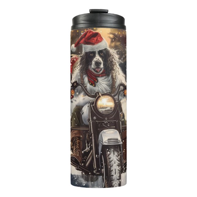 English Setter Dog Riding Motorrad Weihnachten Thermosbecher (Vorderseite)