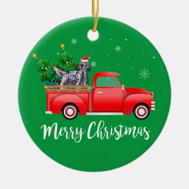 English Setter Dog Riding Red Truck Weihnachten Keramik Ornament (Vorne)