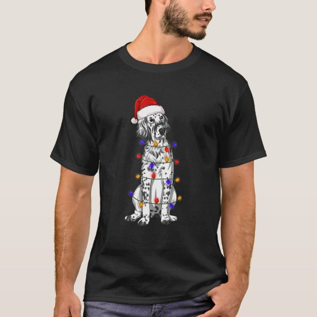English Setter Dog Tragen Weihnachtshutte Lights T-Shirt (Vorderseite)