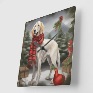 English Setter Hund im Schnee Weihnachten Quadratische Wanduhr