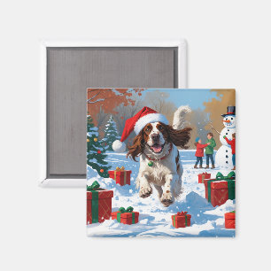 English Setter läuft im Schnee mit Weihnachtsmütze Magnet