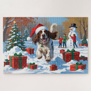 English Setter läuft im Schnee mit Weihnachtsmütze Puzzle