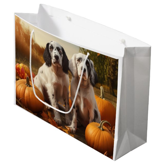 English Setter Puppy Autumn Delight Pumpkin Große Geschenktüte (Vorderseite Schrägansicht)