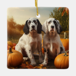 English Setter Puppy Autumn Delight Pumpkin Keramikornament