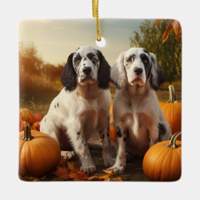 English Setter Puppy Autumn Delight Pumpkin Keramikornament (Vorderseite)