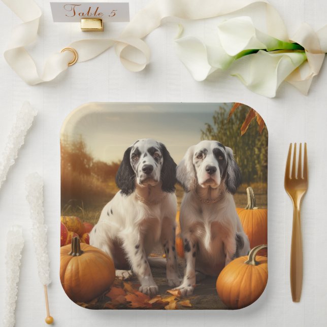 English Setter Puppy Autumn Delight Pumpkin Pappteller (Hochzeit)