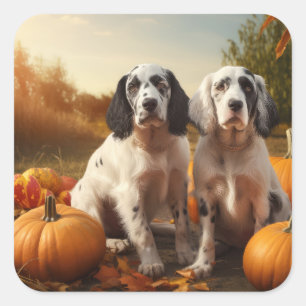 English Setter Puppy Autumn Delight Pumpkin Quadratischer Aufkleber