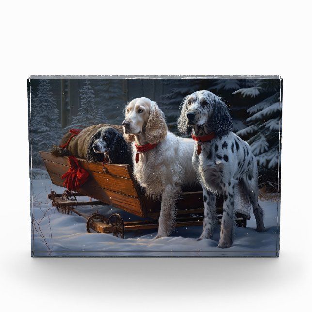 English Setter Snowy Sleigh Weihnachtsdekor Fotoblock (Vorderseite)