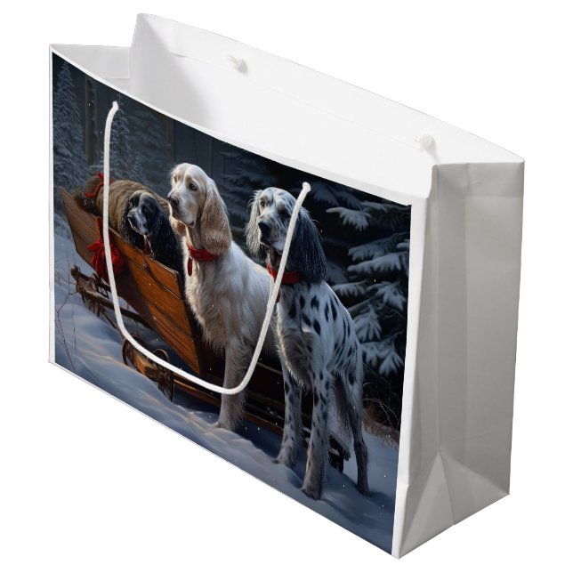 English Setter Snowy Sleigh Weihnachtsdekor Große Geschenktüte (Vorderseite Schrägansicht)