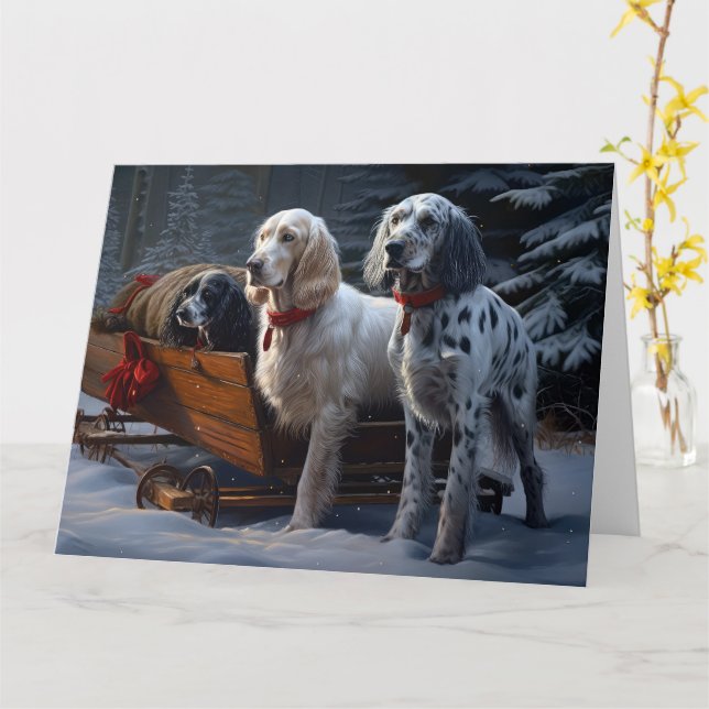 English Setter Snowy Sleigh Weihnachtsdekor Karte (Gelbe Blume)