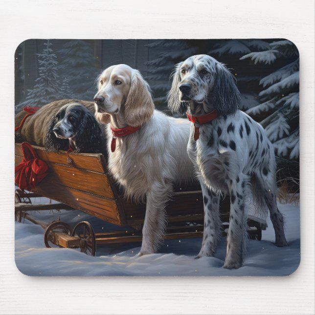 English Setter Snowy Sleigh Weihnachtsdekor Mousepad (Vorne)