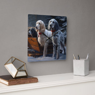English Setter Snowy Sleigh Weihnachtsdekor Quadratische Wanduhr