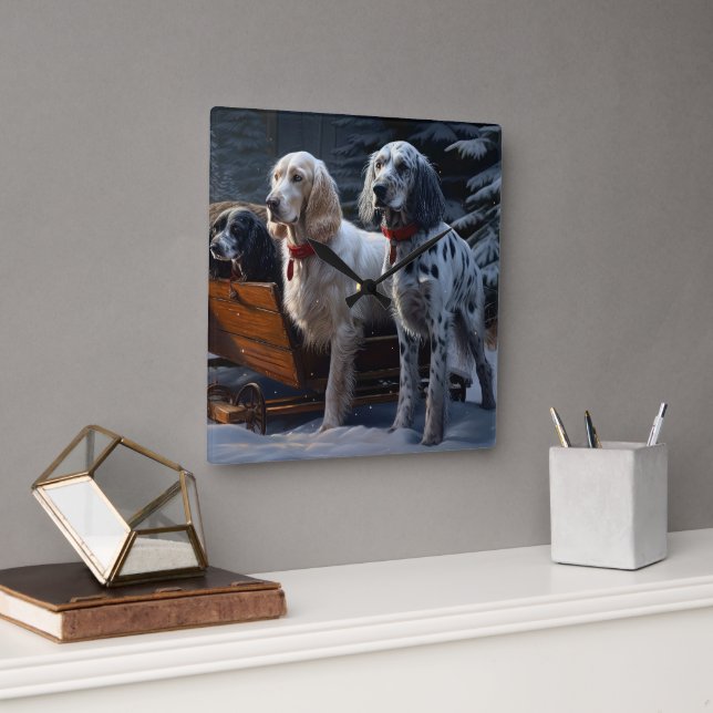 English Setter Snowy Sleigh Weihnachtsdekor Quadratische Wanduhr (Büro)