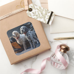 English Setter Snowy Sleigh Weihnachtsdekor Quadratischer Aufkleber