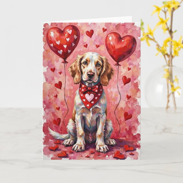 English Setter Valentine’s Day Dog with Hearts Red Karte (Gelbe Blume)