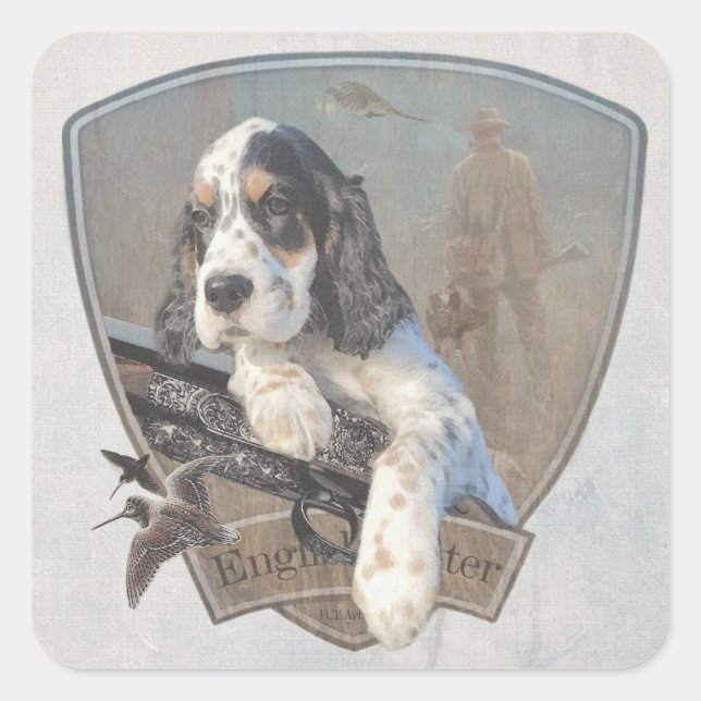 English Setter Welpe mit klassischem Showgun Quadratischer Aufkleber (Vorderseite)