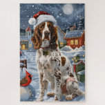 English Setter Winter Wonderland Christmas Joy Puzzle<br><div class="desc">Dieses festliche Design spiegelt den fröhlichen Geist der Urlaubssaison wider und besticht durch ein hübsches Jungtier mit einer Weihnachtsmannmütze. Der Hund ist eingebettet in ein winterliches Wunderland, mit einem Schneemann, einem dekorierten Weihnachtsbaum und wunderschön verpackten Geschenken. Schneeflocken fallen sanft ab und geben der Szene eine magische Touch, während die lebhaften...</div>