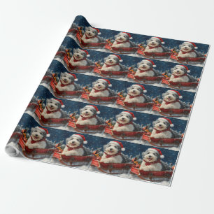 English Sheepdog in Sledge Let it Snow Christmas Geschenkpapier