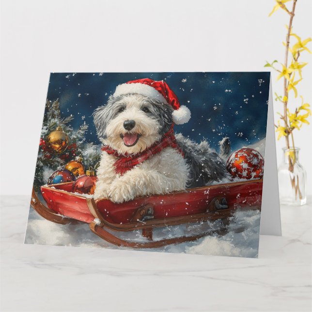 English Sheepdog in Sledge Let it Snow Christmas Karte (Gelbe Blume)