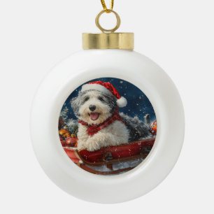 English Sheepdog in Sledge Let it Snow Christmas Keramik Kugel-Ornament