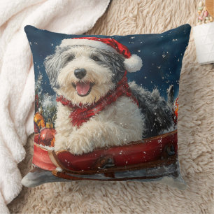 English Sheepdog in Sledge Let it Snow Christmas Kissen