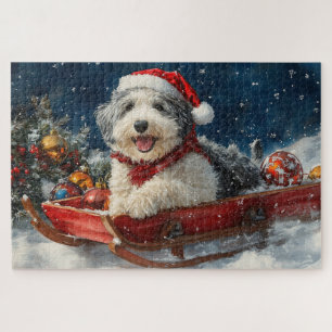 English Sheepdog in Sledge Let it Snow Christmas Puzzle