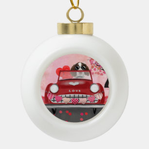 English Springer Spaniel Auto Herzen Valentinstag Keramik Kugel-Ornament