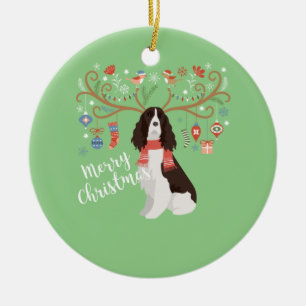 English Springer Spaniel Christmas Reindeer Dog Keramik Ornament