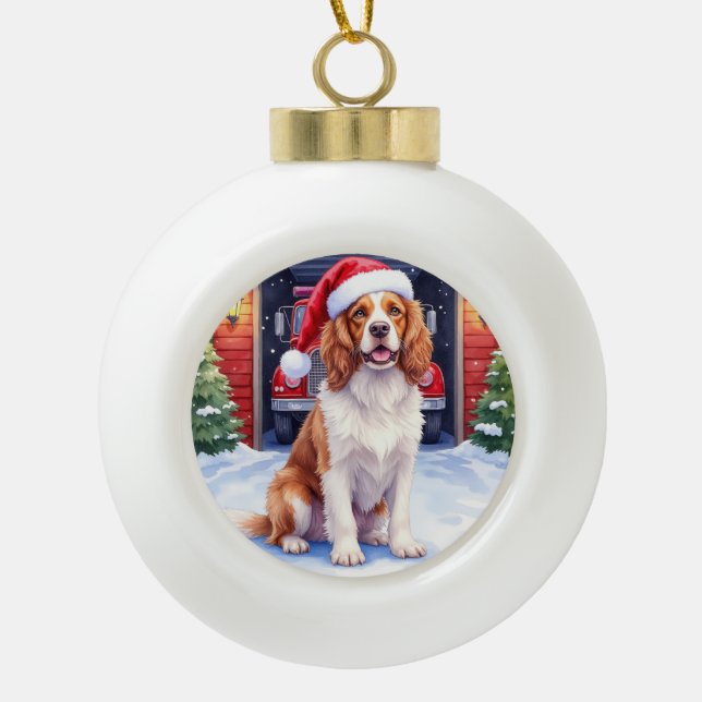 English Springer Spaniel Fire Station Santa Keramik Kugel-Ornament (Vorderseite)