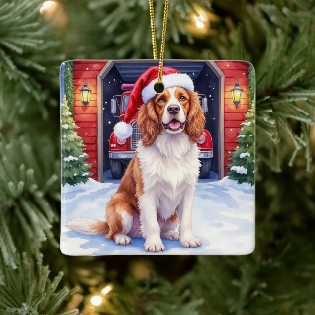 English Springer Spaniel Fire Station Santa Keramikornament (Baum)
