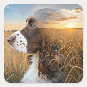English Springer Spaniel und Fasan Quadratischer Aufkleber
