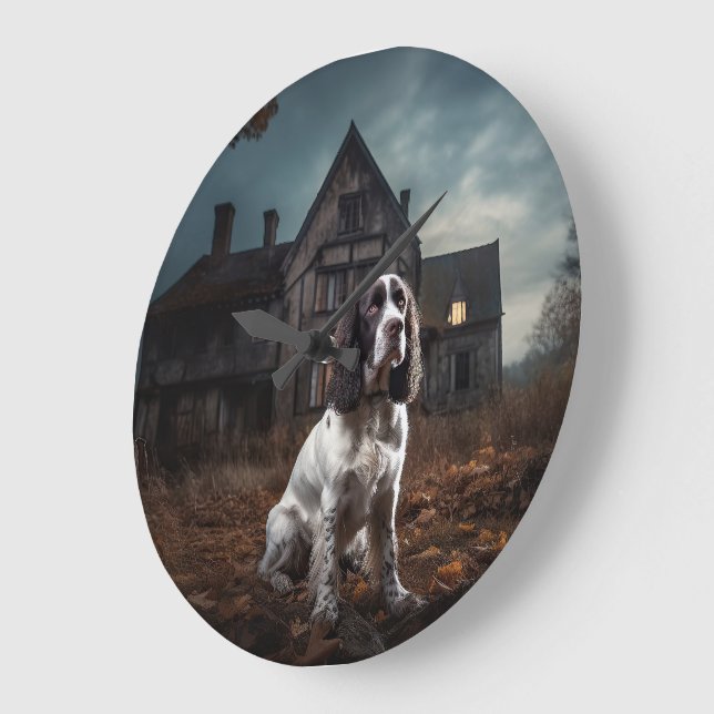 English Springer Spanier Halloween Beängstigend Große Wanduhr (Winkel)