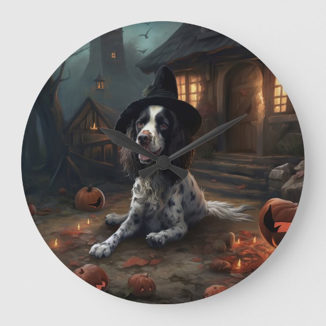 English Springer Spanier Pumpkins Halloween Beängs Große Wanduhr (Vorderseite)