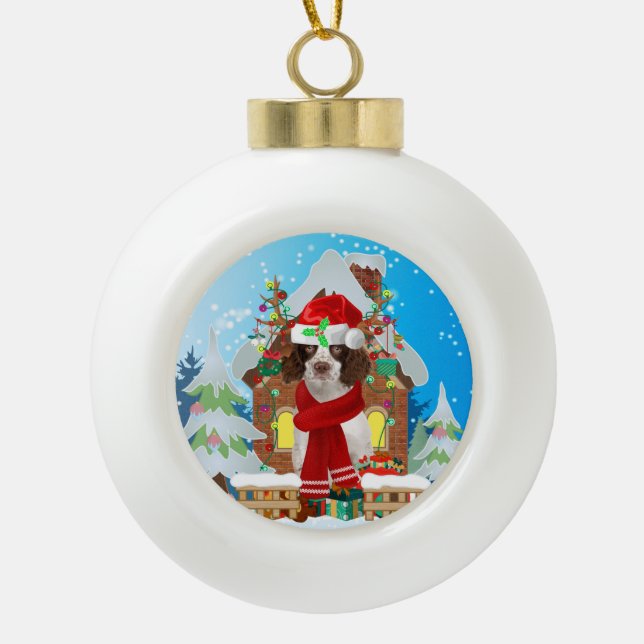 English Springer Spanischer Hund mit Weihnachtsges Keramik Kugel-Ornament (Vorderseite)
