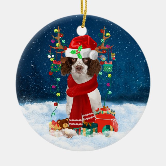 English Springer Spanischer Hund mit Weihnachtsges Keramik Ornament (Vorne)