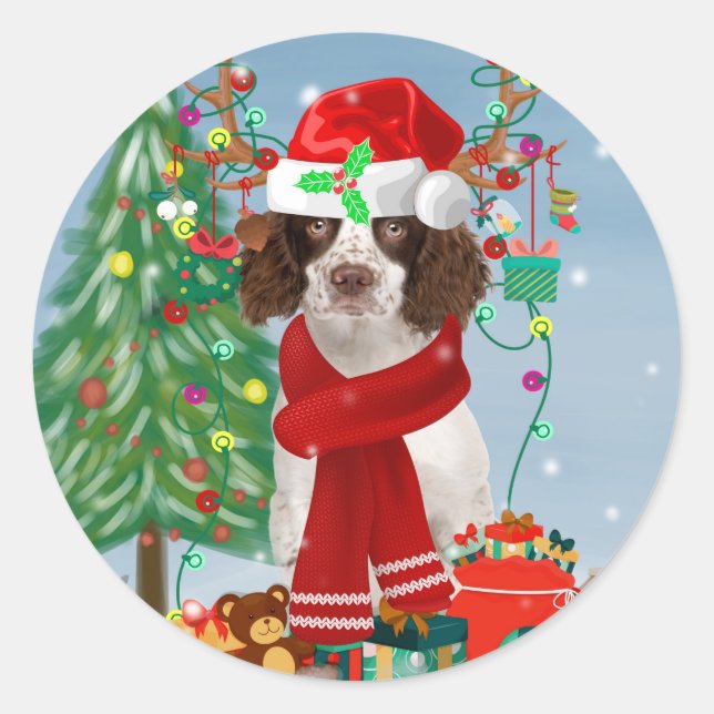 English Springer Spanischer Hund mit Weihnachtsges Runder Aufkleber (Vorderseite)