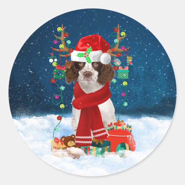 English Springer Spanischer Hund mit Weihnachtsges Runder Aufkleber (Vorderseite)