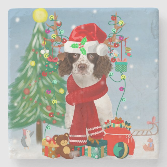 English Springer Spanischer Hund mit Weihnachtsges Steinuntersetzer (Vorderseite)