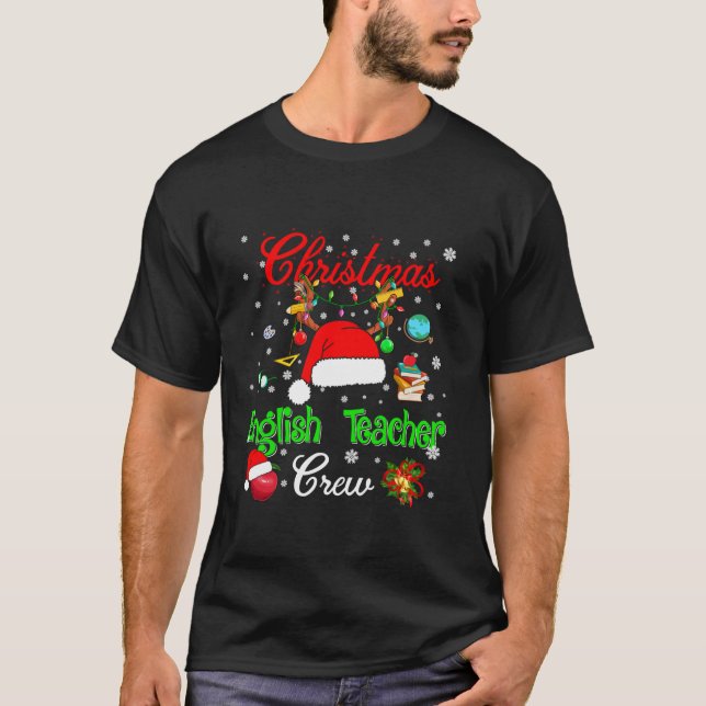 English Teacher Crew Christmas Santa Hat Reindeer  T-Shirt (Vorderseite)