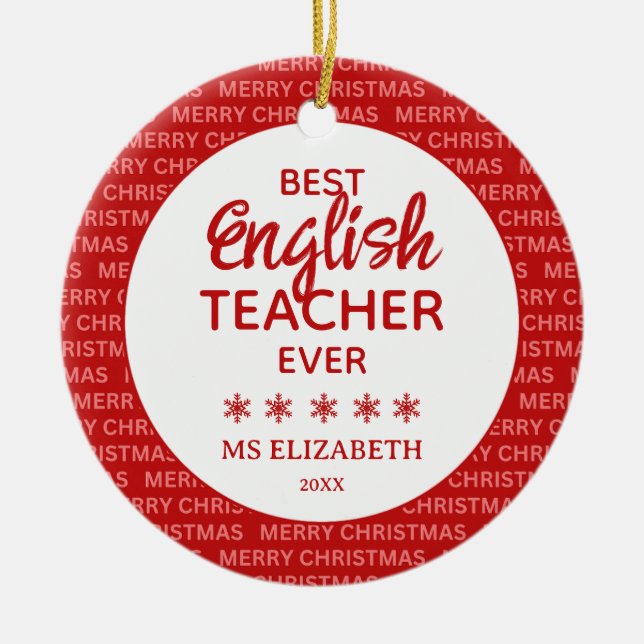 English Teacher Typografy Christmas Red Keramik Ornament (Vorne)