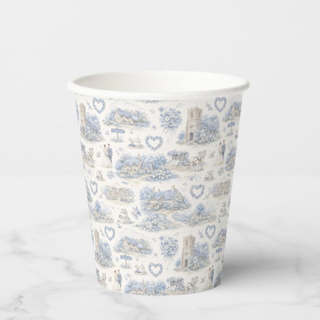 English Village Wedding Watercolor Pattern Blue Pappbecher (Vorderseite)