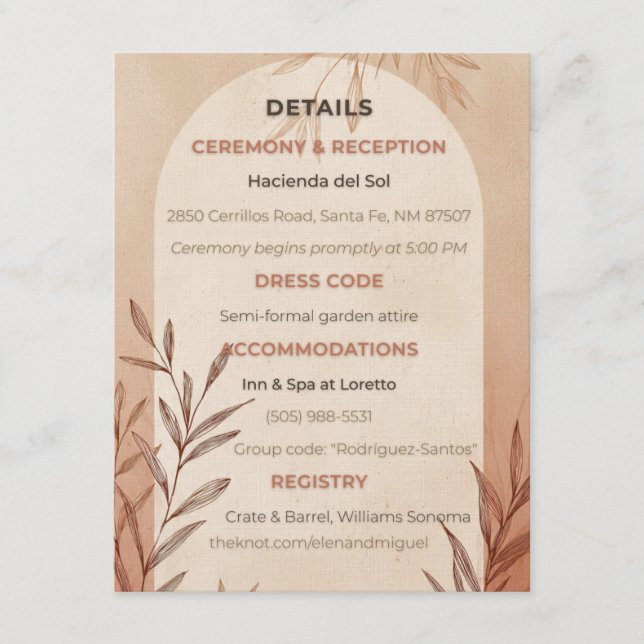 English Wedding Details Card Terracotta Arch Einladung (Vorderseite)